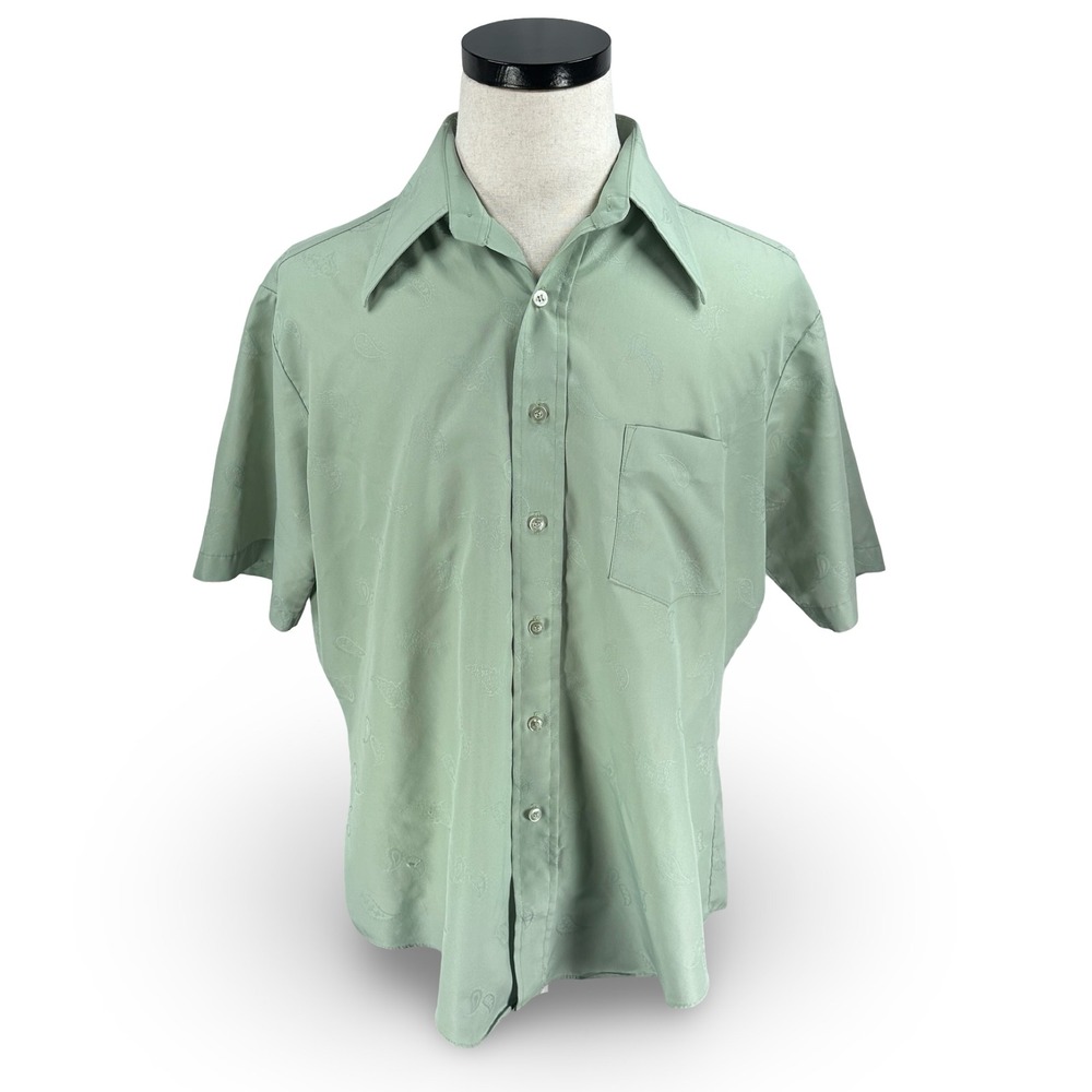 Vintage Kmart 70s Sage Green Paisley Jacquard Dagger Collar Shirt Mens 16.5 L